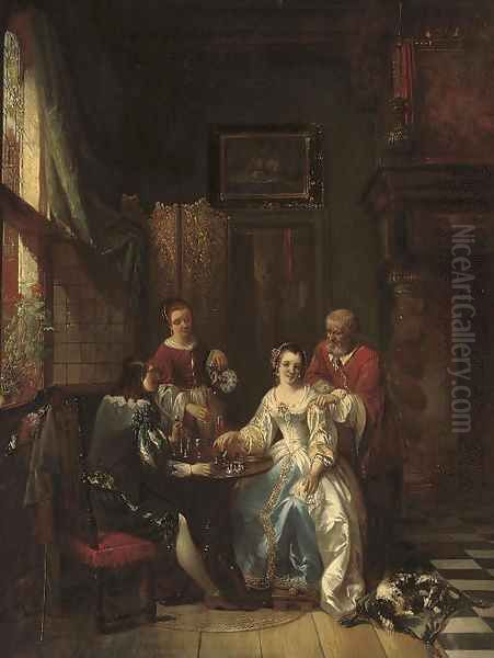 A lesson in chess Oil Painting by Adrien Joseph Verhoeven-Bell