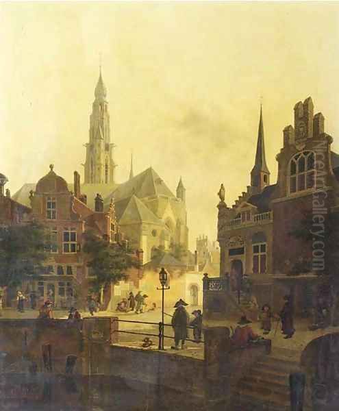 Figures by a canal in a town square Oil Painting by Jan Hendrik Verheyden