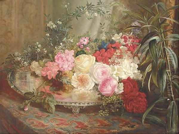 Roses on a silver platter on an oriental rug Oil Painting by Mary Vernon