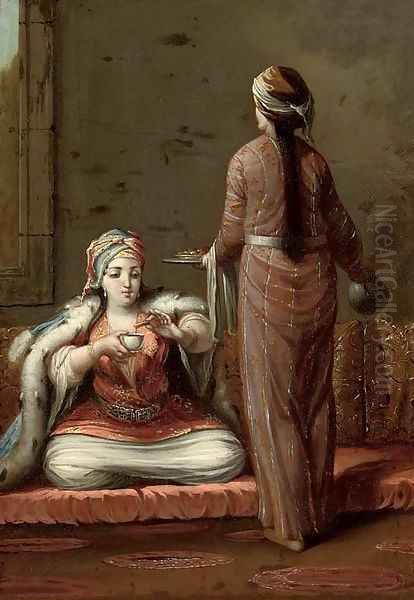 A Turkish lady seated on a cushion, being served by a maid servant Oil Painting by Jean Baptiste Vanmour