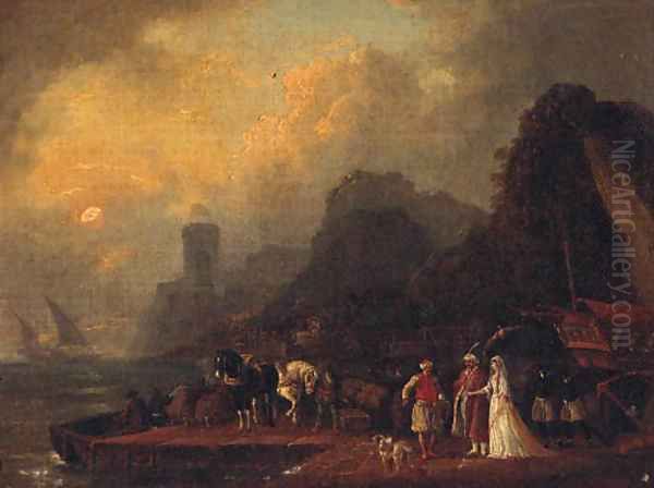 Figures in Oriental costume on a quay at dusk Oil Painting by Jean Baptiste Vanmour