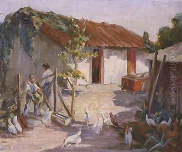 Village Scene Oil Painting by Manuel Valencia