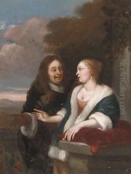 A gentleman courting a lady in a garden Oil Painting by Arie de Vois