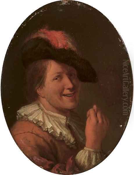 A man in a plumed hat making an obscene gesture Oil Painting by Arie de Vois