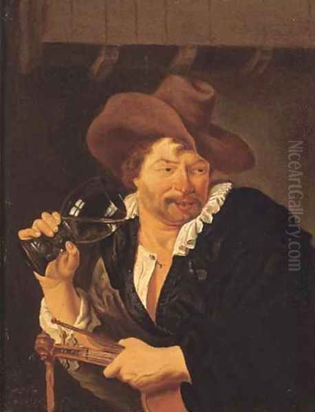 A violin player drinking in an inn Oil Painting by Arie de Vois