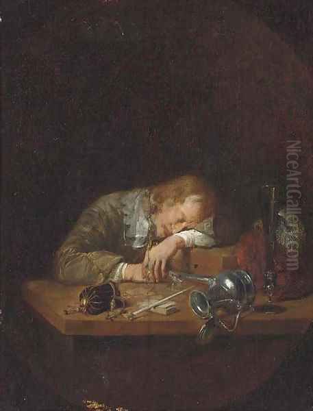 A man asleep on a table Oil Painting by Arie de Vois