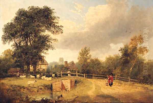 A Wooded River Landscape With Figures On A Path, A Village Beyond Oil Painting by George Vincent