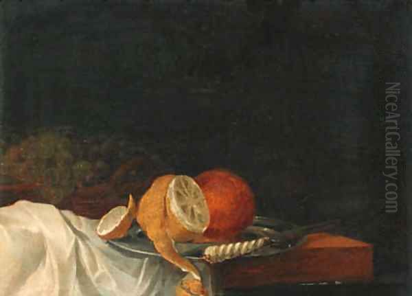 A peeled lemon, an orange and a knife on a pewter plate Oil Painting by Jan III van de Velde