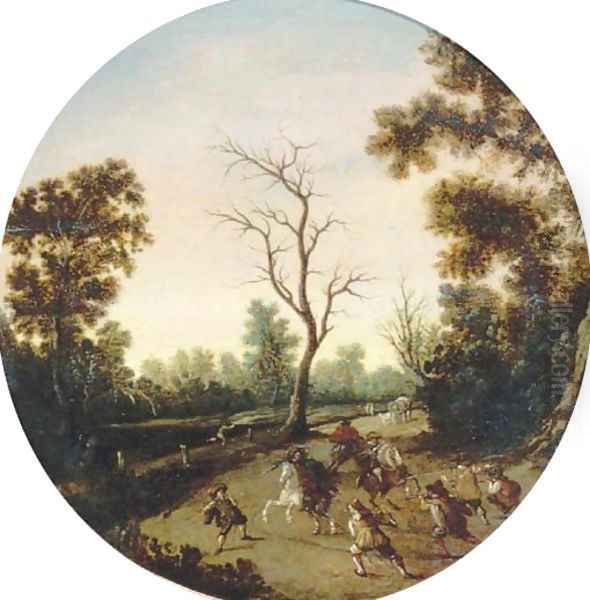 A wooded landscape with an ambush, a horse-drawn cart beyond 2 Oil Painting by Esaias Van De Velde