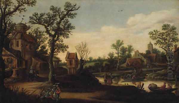 A wooded River Landscape with a Ferry and Figures on a Track Oil Painting by Esaias Van De Velde