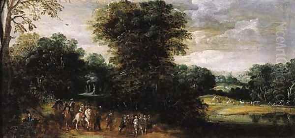 Cavalrymen and infantry escorting a prisoner on a country road Oil Painting by Esaias Van De Velde