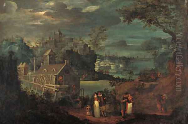 A mountain river landscape with elegant company on a path, a mill and a town beyond Oil Painting by Frederik van Valkenborch