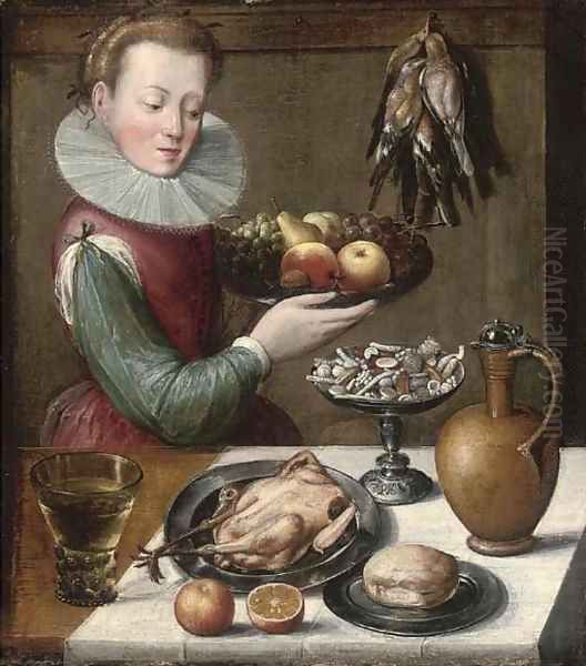 A young woman holding apples Oil Painting by Lucas Van Valkenborch