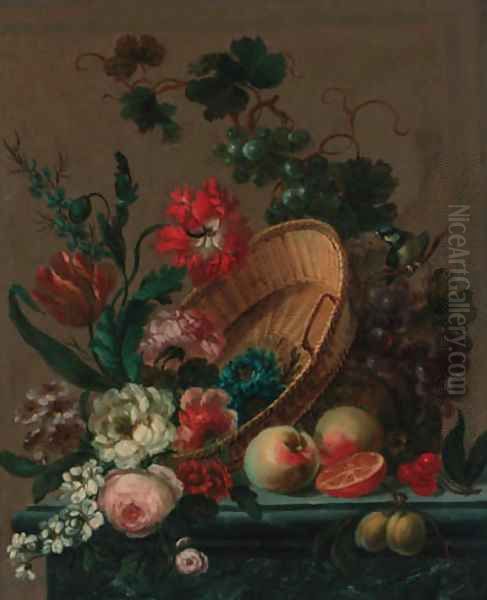 Parrot tulips, roses, a carnation, convulvulus, an iris and other flowers Oil Painting by Nicolaes van Veerendael