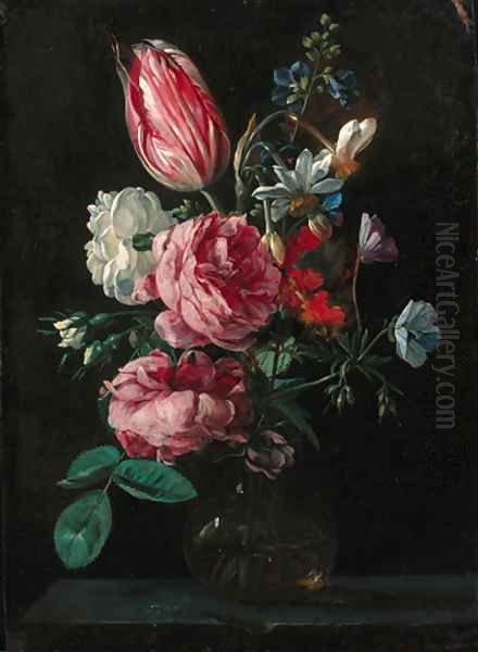 Roses, narcissi, a parrot tulip and other flowers in a glass vase on a ledge Oil Painting by Nicolaes van Veerendael