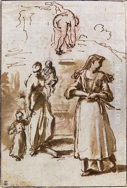 A woman holding two children, another woman, and a study of a nude woman Oil Painting by Nicolas Vleughels