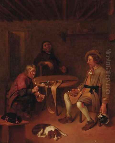 A soldier and companions smoking and drinking in an interior Oil Painting by Pieter Harmansz Verelst