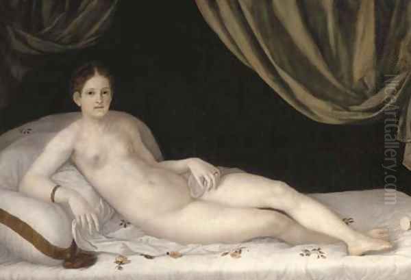 A lady as Venus, reclining on a bed Oil Painting by Tiziano Vecellio (Titian)