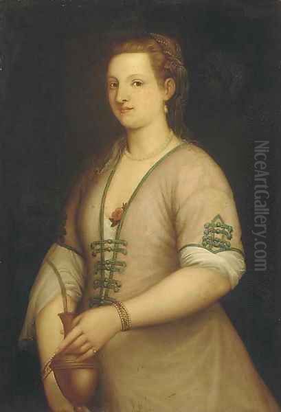 Portrait of a lady, three-quarter-length, holding an urn Oil Painting by Tiziano Vecellio (Titian)