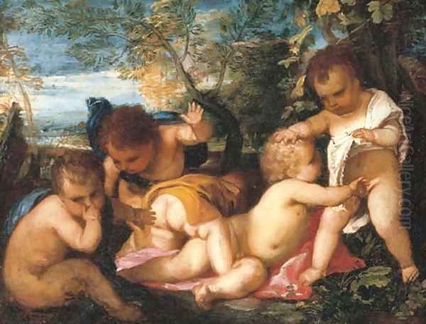 Putti cavorting in a landscape Oil Painting by Tiziano Vecellio (Titian)