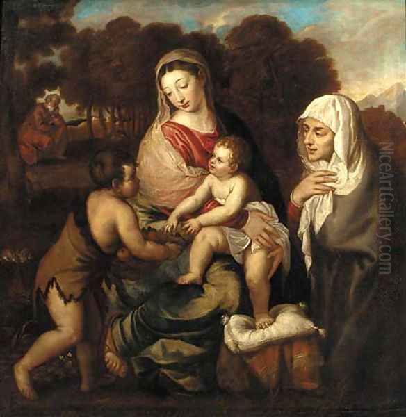 The Holy Family with Saint Elizabeth and the Infant Saint John the Baptist Oil Painting by Tiziano Vecellio (Titian)