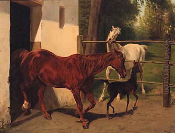 Mares with a Foal Oil Painting by Wouter Verschuur