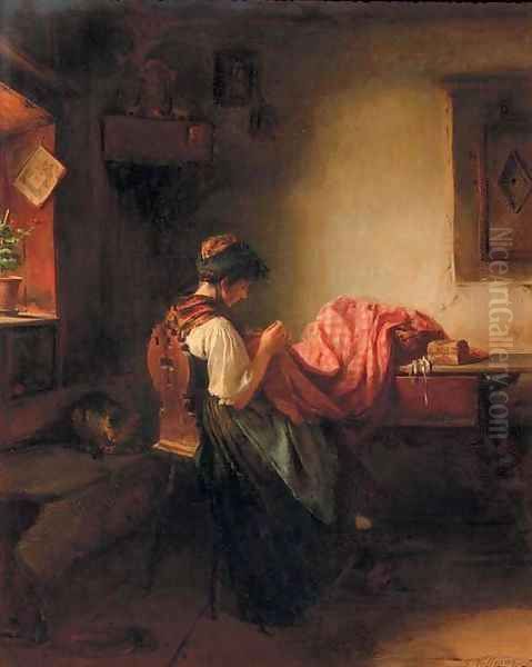 Young girl sewing Oil Painting by Ludwig Vollmar