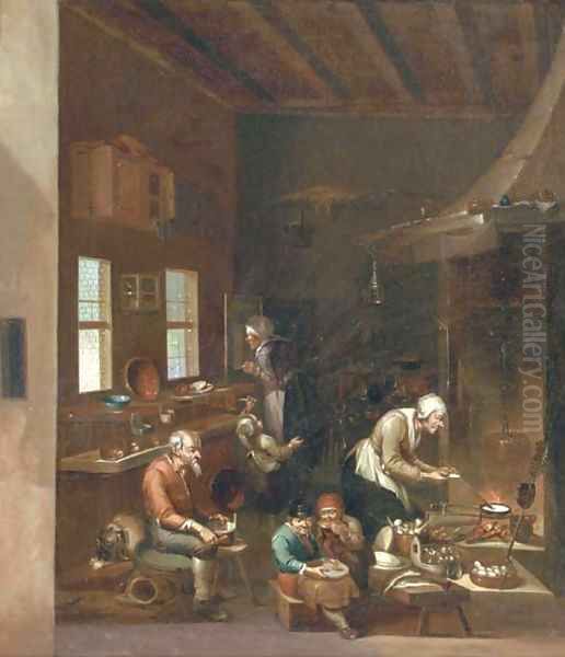 A woman frying pancakes on an open fire, children eating and other figures preparing food in a kitchen Oil Painting by Anthonie Victorijns