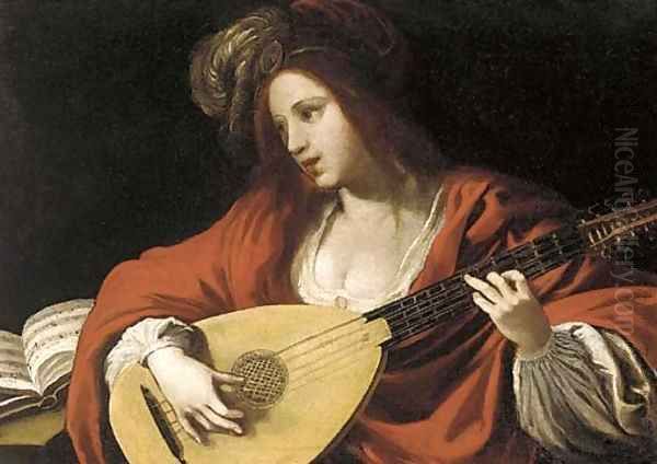 A lady in a red costume and plumed cap playing a lute Oil Painting by Claude Vignon