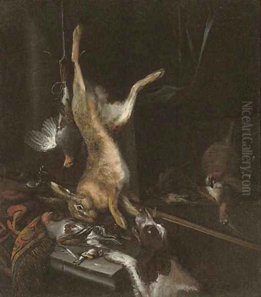 A game still life with a spaniel Oil Painting by Dirk Van Valkenburg