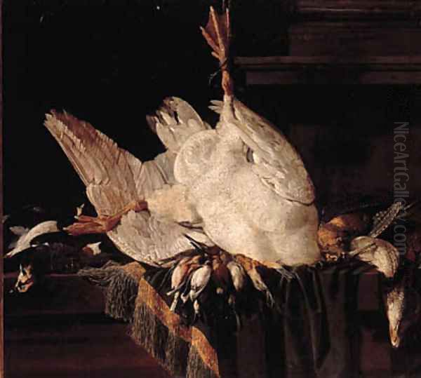 A goose, songbirds, a woodcock and a lapwing on a partially draped ledge Oil Painting by Jacobes Vonck