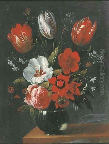 Tulips, roses and other flowers in a glass vase on a wooden ledge Oil Painting by Nicolaes Van Verendael