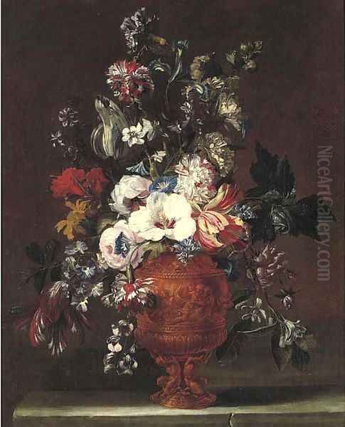 Parrot tulips, roses, carnations, morning glory and other flowers in a sculpted urn Oil Painting by Nicolas Van Veerendael