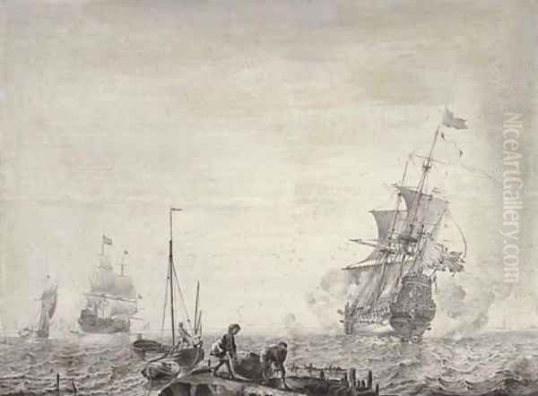 Men-o'-war and other vessels in a stiff breeze before a coast, young men carrying a basket in the foreground 'en grisaille' Oil Painting by Olfert De Vrij