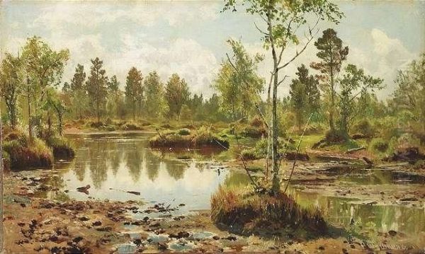 Schischkin, Iwan . Summery Birch Forest With A Pond Oil Painting by Ivan Shishkin