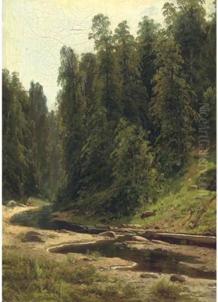 River In The Forest Oil Painting by Ivan Shishkin