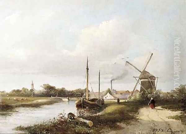 A view of a town by a river Oil Painting by Hendrik Frederik Verheggen