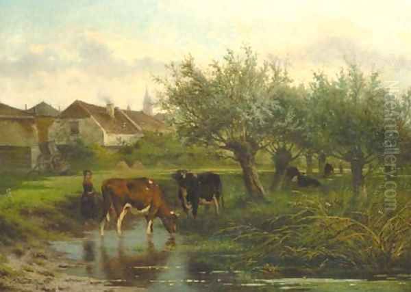 A cowherdess watering cows by willow trees Oil Painting by Jan Volijk