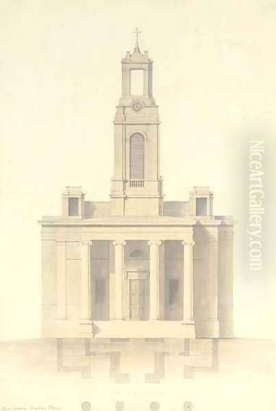 Designs for Wordesley Church, Stourbridge, Staffordshire, 1832 Variant elevations for the West Front, with plans of the entrances Oil Painting by Lewis Vulliamy