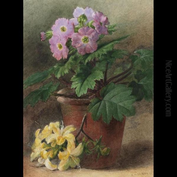 Hardy Geraniums In A Clay Pot With Yellow Lilies Oil Painting by Charles Henry Slater