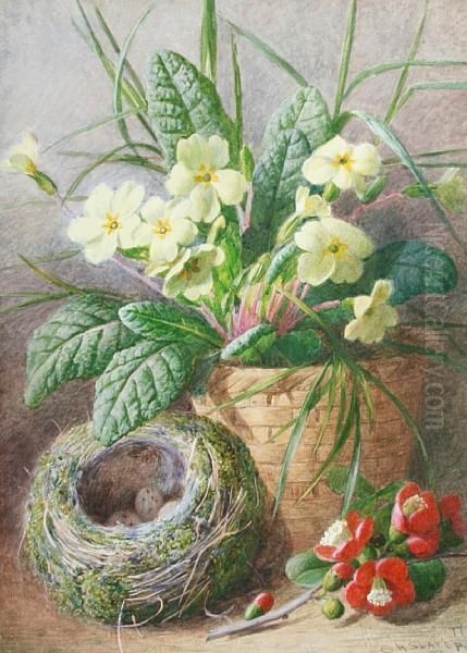 Primroses In A Vase Beside A Bird's Nest;roses In A Vase Oil Painting by Charles Henry Slater