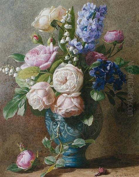 Still Life Of Roses And Hyacinths In A Vase Oil Painting by Charles Henry Slater