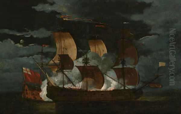 A naval engagement between a Dutch and British man'o-war Oil Painting by Willem Van De Velde