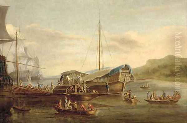 A Mediterranean galeasse and trading vessels unloading in an anchorage Oil Painting by Willem Van De Velde