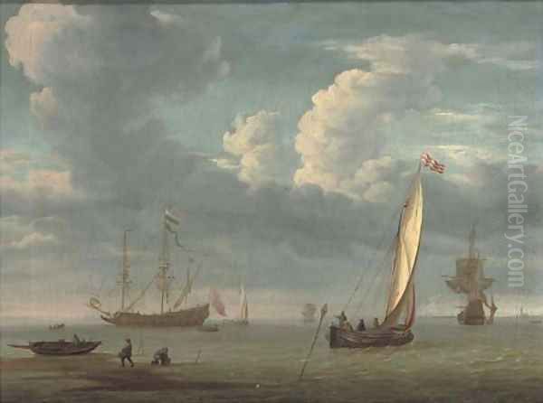 Fishermen collecting lobster pots with a fishing boat in calm waters, warships beyond Oil Painting by Willem Van De Velde