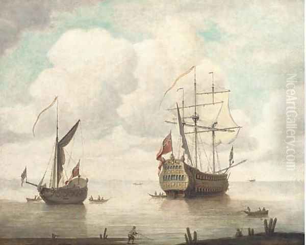 The flagship departing from her anchorage Oil Painting by Willem van de, the Elder Velde