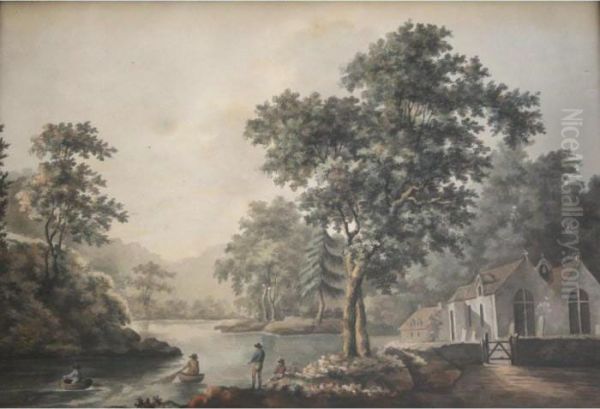 River Landscape Scenes With Figures And Animals Oil Painting by John Warwick Smith