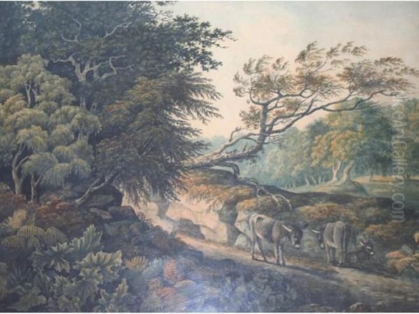 Donkeys On A Wooded Path Oil Painting by John Warwick Smith