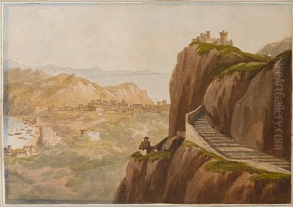 View On The Island Of Capreae 
(capri) Looking To The Eastern Promontory And Into The Bay Of Salerno 
Together With Two Other Views Of Capri Oil Painting by John Warwick Smith