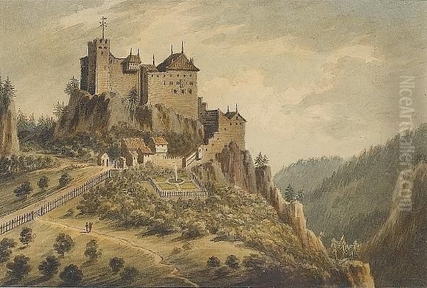 Castle In An Italian Landscape Oil Painting by John Warwick Smith